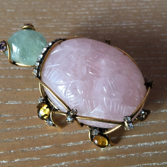 IRADJ MOINI Vintage Costume Jewelry Large Turtle Gemstone Brooch Pin Pink Quartz - Picture 11 of 11